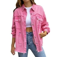 Ženska jakna _ _ Ženska poderana traper jakna s dugim rukavima ružičasta