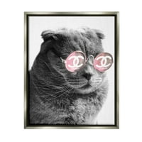 Modna mačka u glamuroznim ružičastim sunčanim naočalama, grafička umjetnost, sjajno sivo platno s plutajućim okvirom,
