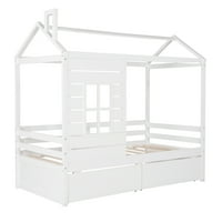 Kućni krevet s dvije ladice za odlaganje, dječji kućni okvir kreveta, okvir drvnog kreveta blizanaca s prozorima