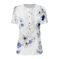 Yuwull ljetni vrhovi za žene bluze kratkih rukava casual trendi ispisani pola gumba za lanene majice s džepnim