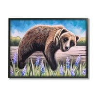Stupell Industries opuštajući medvjed za odmor stabla debla livada slika crna uokvirena umjetnička print zidna