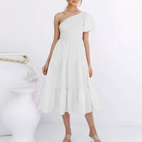 Ljetne haljine za čišćenje za žene kratke rukave srednje dužine ležerne solidne a-linije One ramene haljine bijela