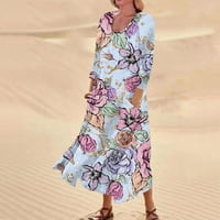Ženska ležerna udobna cvjetni cvjetni otisak tri četvrtine rukava s pamučnim džepnim haljina