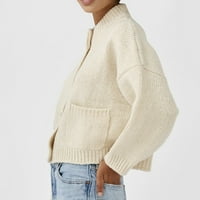 Ženski zimski kratki kardigan pleteni džemper labavi kaput s dugim rukavima s dugim rukavima s džepom