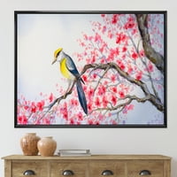 Prekrasna crvena ptica sjedi na cvjetanoj grani II uokvireno slikanje platna umjetnički tisak