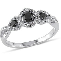 Zaručnički prsten od tri kamena od bijelog zlata od 10 karata s crno-bijelim dijamantom.