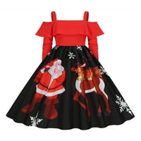 Beiwei dame crta snježna pahulja print xmas midi haljine dugi rukav swing božićna haljina od ramena praznični