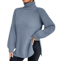 ; / Ženski jednobojni džemper s bočnim prorezom, vrhovi, pleteni džemper s dugim rukavima s visokim vratom, veličina