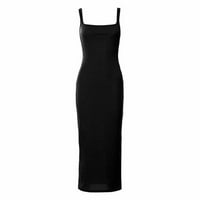Midi haljine za žene s okruglim vratom, široka haljina bez rukava s jednobojnim printom, Crna;