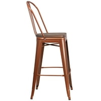 30 inča visoka bakrena metalna barska stolica s naslonom i drvenim sjedalom
