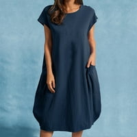 ženska modna jednobojna pamučna lanena labava ležerna haljina s džepovima u A-listi