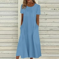 Ženska haljina ljetna ležerna modna jednobojna haljina kratkih rukava s okruglim vratom i džepom, plava, e-mail
