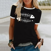 Ženska ljetna ležerna majica s okruglim vratom s kreativnim printom riblje kosti kratkih rukava kontrastne boje