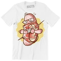 Smiješna štreber kobasica omotana u majicu s slaninom svirajući videoigre