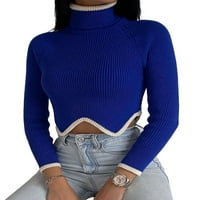 Ženski pulover od pletenog pulovera s dugim rukavima kontrastne boje crop top s neravnim rubom