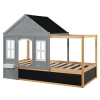 Drveni dvostruki kućni krevet s krovom i pločama za djecu spavaće sobe, siva