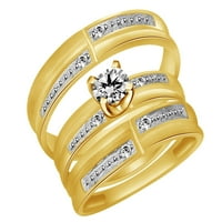 Bijeli prirodni dijamantni naglasak zaručnike i vjenčani trio prsten postavljen u 14k žutom zlatu preko srebrnog