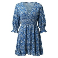 Ljetne haljine za žene dužine lakta, ležerna haljina s izrezom i omotom u obliku slova U, plava u obliku slova