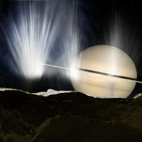 Mlazovi ledenih kristala dižu se iz gejzira prema sunčevoj svjetlosti dok se na Enceladusu spušta Zora ispis plakata