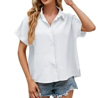 Ležerna ljetna nova ženska labava jednobojna majica s izrezom u obliku slova U i kratkim rukavima na kopčanje