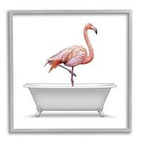 Flamingo, stojeća Antikna kupaonska kada, grafika u sivom okviru, zidni tisak, dizajn annalize Latella