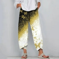 modne ženske platnene hlače s džepovima, rastezljive hlače visokog struka, široke hlače s printom leptira s rubom