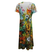 Ljetne haljine za žene do koljena s kratkim rukavima, Temperamentna A kroja haljina s cvjetnim printom i dekolteom