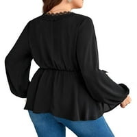 Ležerne jednobojne crne bluze Plus veličine s dubokim dekolteom u obliku slova U I peplumom dugih rukava