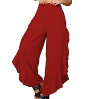 Dame udobne čvrste boje visokog struka širokih nogu hlača za noge za ruffle hlače povremene hlače za žene poslovanje