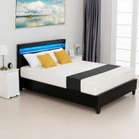 Moderni krevet na platformi, presvučen kožom, s LED uzglavljem, s potporom od punog drveta, crne, pune veličine