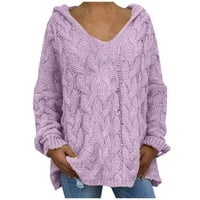 Džemperi za žene, modni preveliki džemper za jesen i zimu, Jednobojni pleteni džemper s izrezom i kapuljačom,